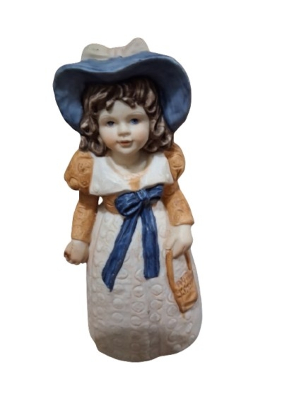 1980 Enesco porcelain bell , an old-fashioned girl in a blue hat, Hand Painted
